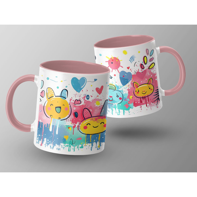 Kids Drawing Style 11oz Accent Mugs – Ceramic Coffee Cup with a Pink Handle and Interior