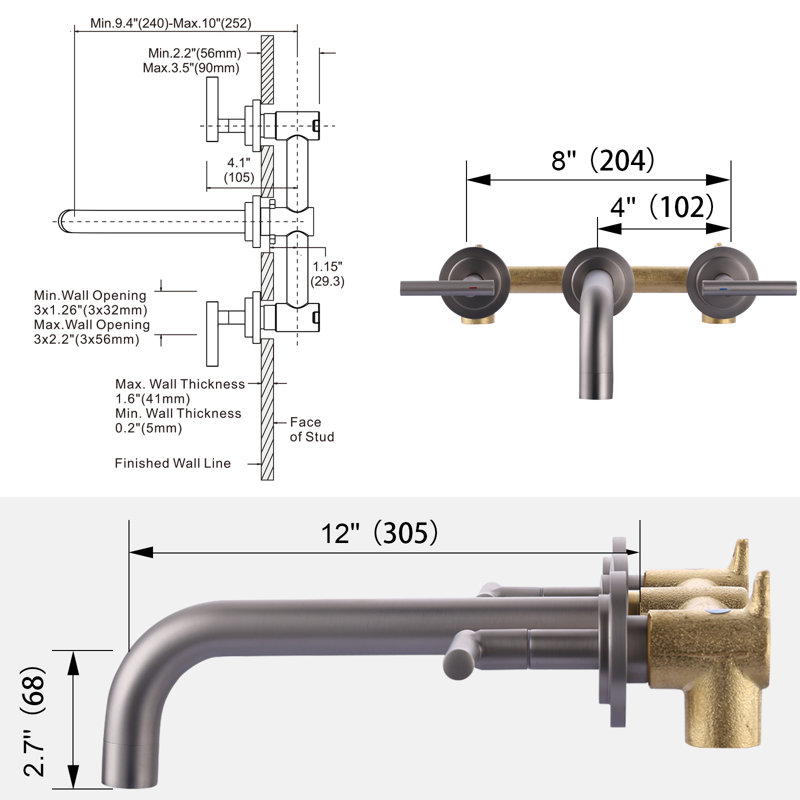 2-Handle 2-Hole Wall Mounted Bathroon Sink Faucet In Spot Resist (Valve Included), Brushed Nickel