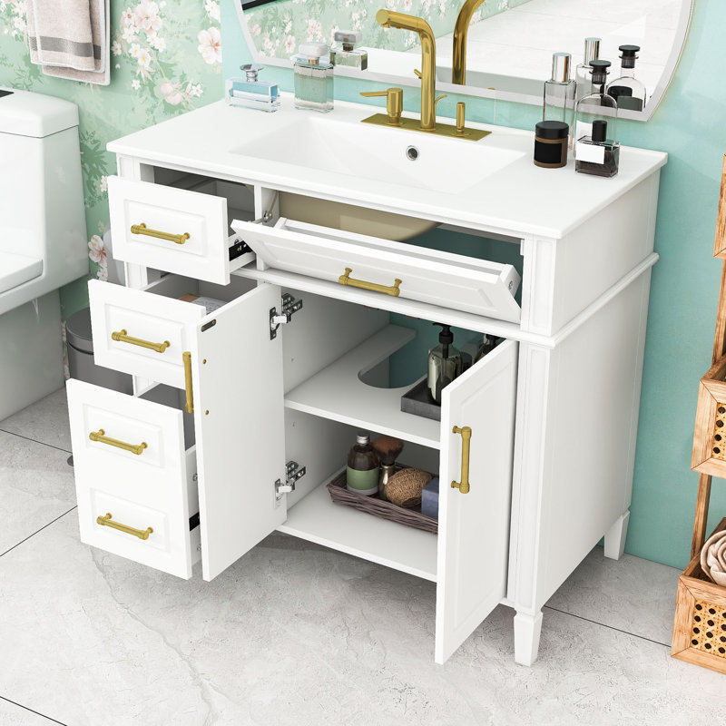 Meuble-lavabo de salle de bain avec lavabo, tiroirs, 2 portes et tablette réglable, Blanc