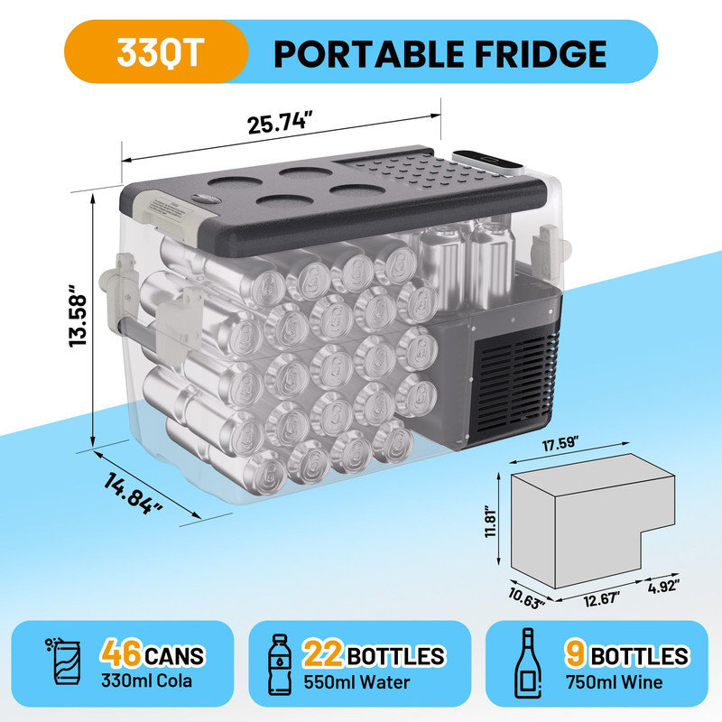 Réfrigérateur de voiture 33QT 12V avec poignée, congélateur portatif pour camion, véhicule récréatif, camping, 4 ° F à 50 ° F, alimentation CA / CC