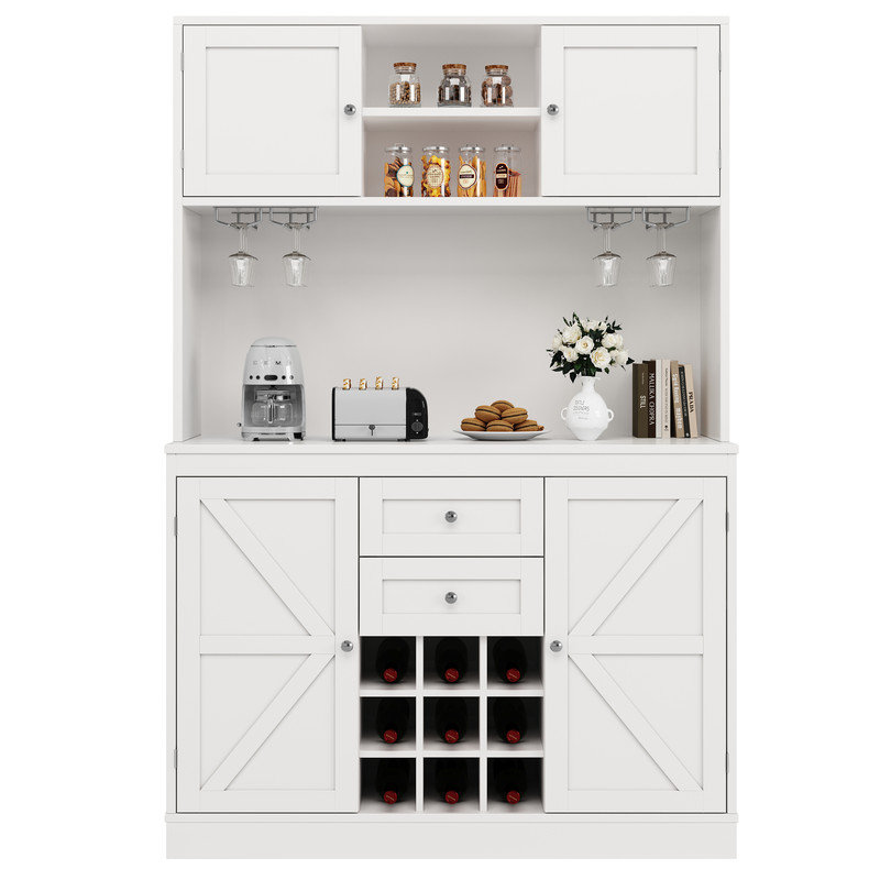 White/Black Tall Kitchen Cabinet with 4 Doors & 2 Drawers, Adjustable Shelves & Wine Rack, Sideboard for Kitchen/Living Room Storage