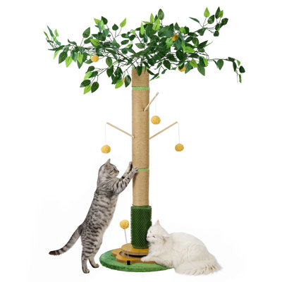 48.8 Inch Cat Tree with Faux Green Leaves, Sisal Wrapped Cat Scratching Post, Turntable Track Toy & Hanging Pom-pom Balls, Decorative Tall Cat Tower for Indoor Cats Claw Sharpening and Play