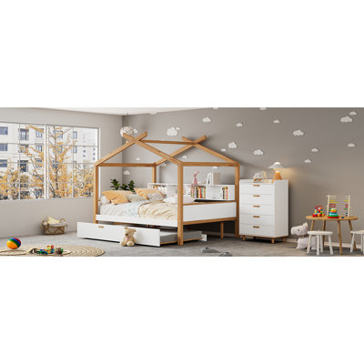 Lit double blanc en bois avec cadre en bois original, lit gigogne simple et rangement pour bibliothèque