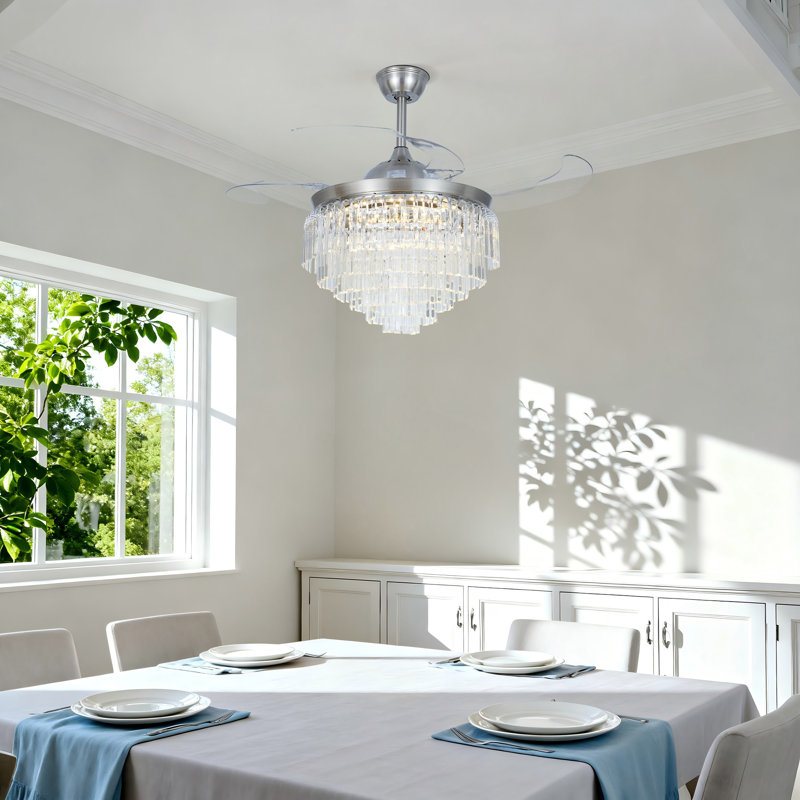 42" Modern Crystal Ceiling Fan With Led Light & Remote, 3 Colors Changing, 3 Speeds, Timer