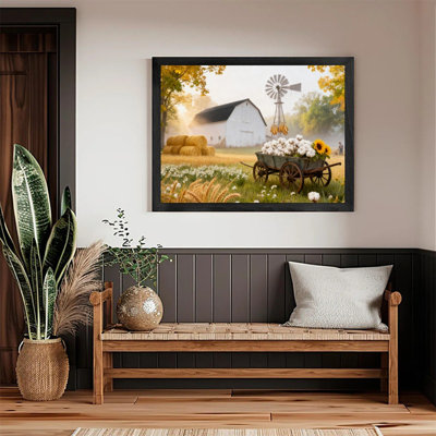 Black Framed Autumn Farm Windmill Art, Luminous Countryside Harvest Landscape Painting Framed Prints