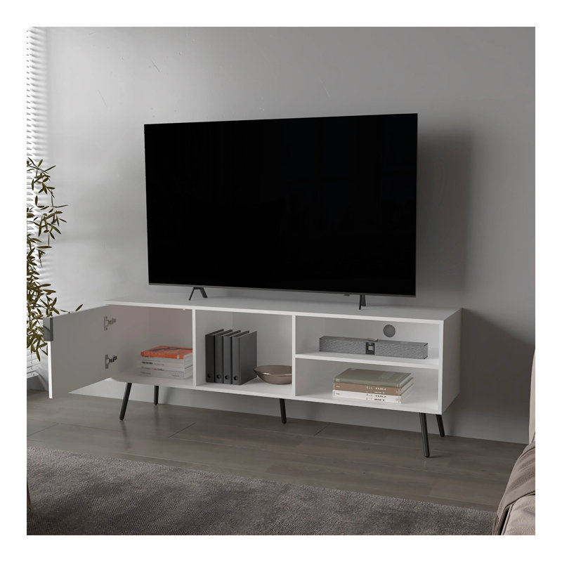 Meuble télé blanc avec rangement et porte ouverte, Blanc