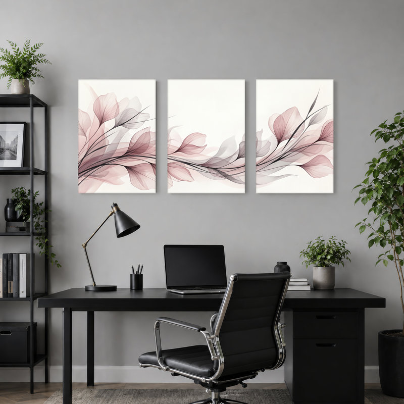 Ensemble de 3 tiges florales douces roses et grises abstraites, H 30 po x l 20 po x 3 pièces
