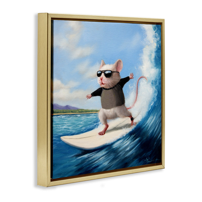 Souris de surfeuse bleue, Cadre flottant métallique doré, H 25 po x l 25 po