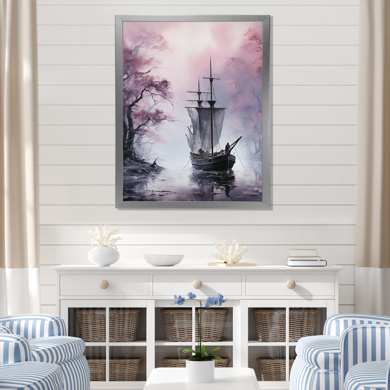 Mystic Pirate Boat Voyage I - Bateau côtier, art mural, Cadre simple argenté, H 32 po x l 24 po x P 1 po