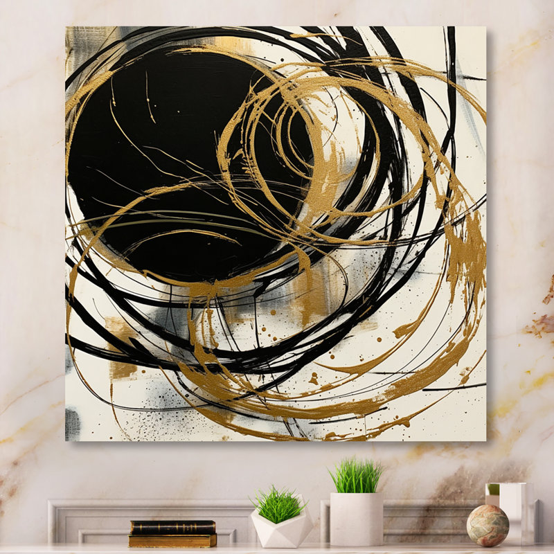 Art noir et or noir du Chaos V - Peinture abstraite, art mural, H 29 po x l 29 po, Impression encadrée, Métal métal