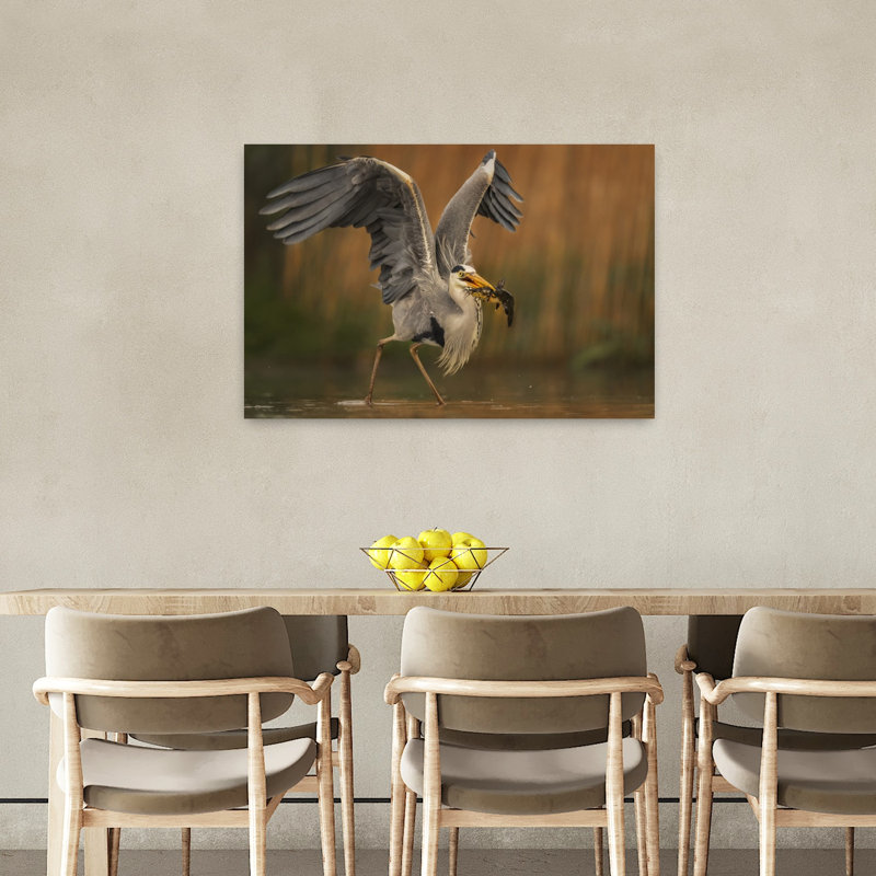 Grey Heron Catches Crab Dramatic Elegant Contemporary Bird Crab Fish Nature Wildlife Wall Art Print 1 Piece Wrapped Canvas Wall Art