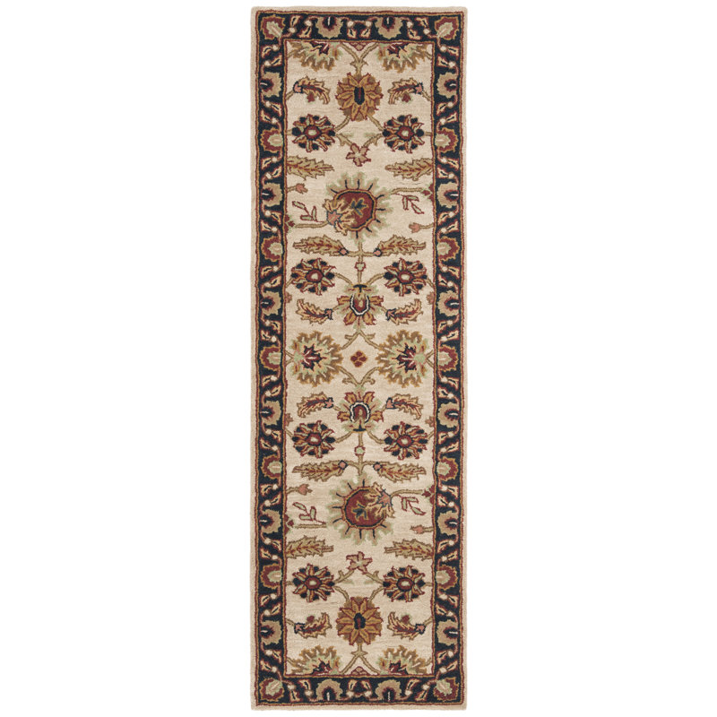 Hand-Tufted Ivory and Navy Wool High Pile Runner Rug