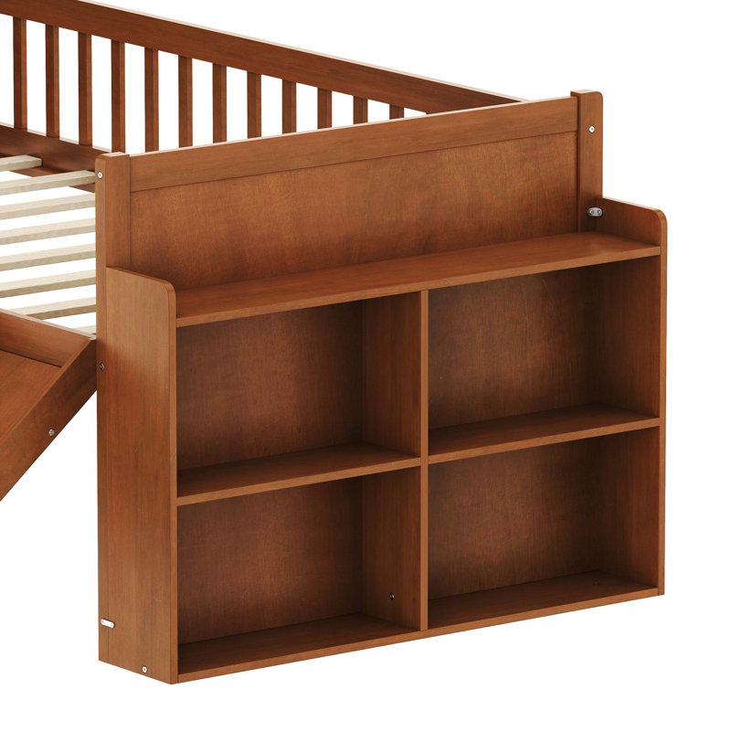 Lit plateforme simple en bois de noyer clair avec tablette de rangement, glissoire, échelle et garde-corps, aucun sommier requis, assemblage facile