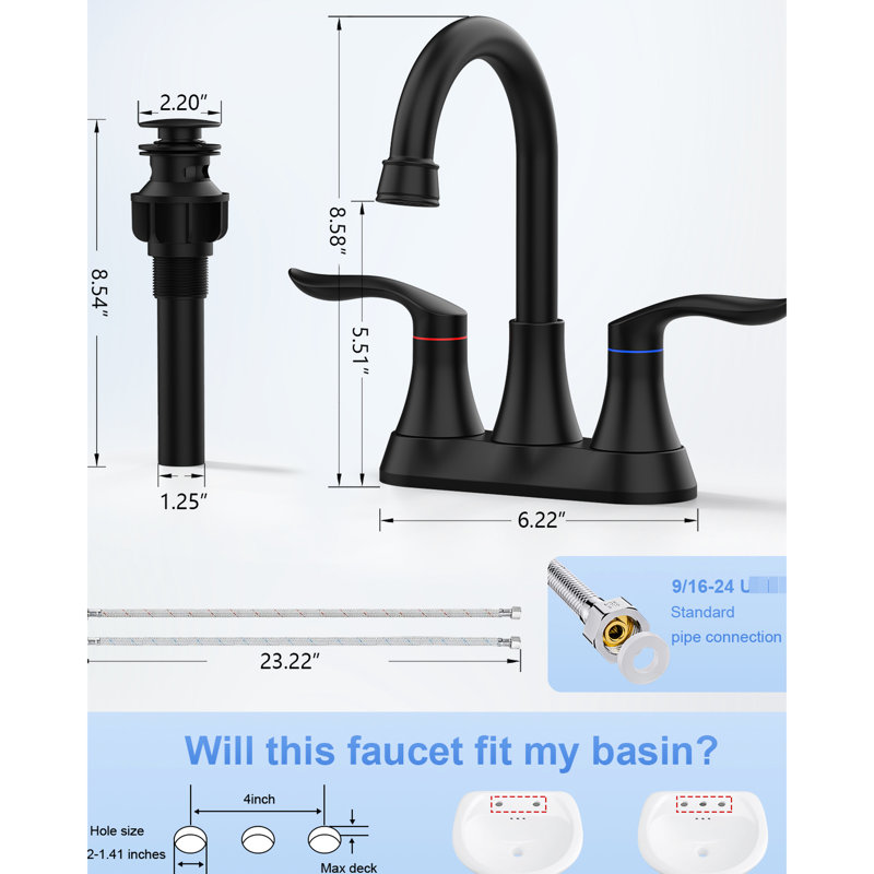 Robinet de lavabo de salle de bain noir mat - 2 poignées, bec pivotant à arc haut 360 degrés 4 po avec bonde escamotable et tuyaux d'alimentation Poignée de robinet moderne 4 po