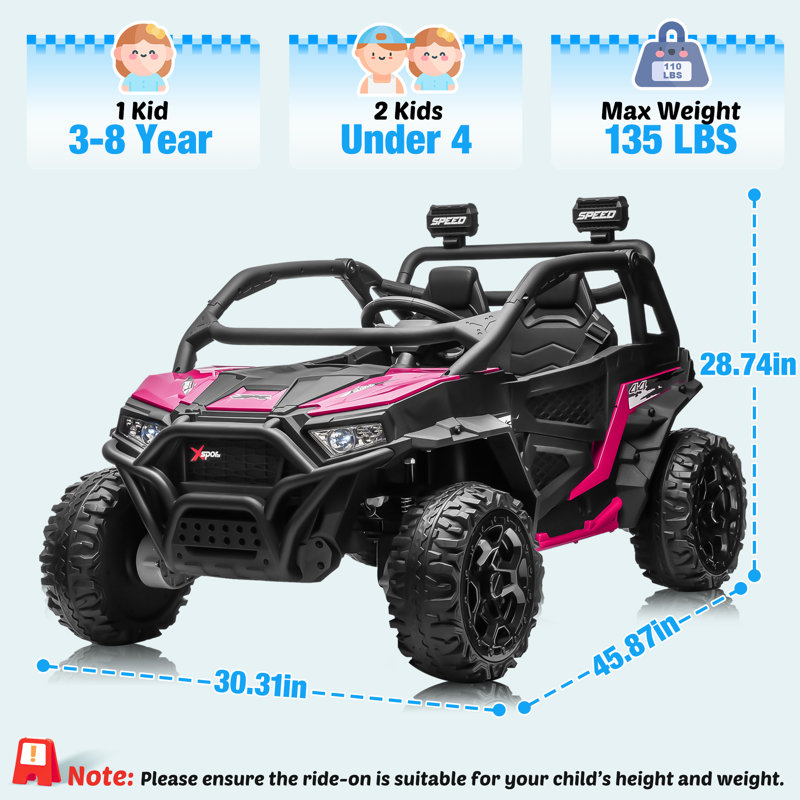 Véhicule tout-terrain électrique rose 24 V pour enfants avec télécommande parentale, suspension à quatre roues, musique Bluetooth et lumières DEL