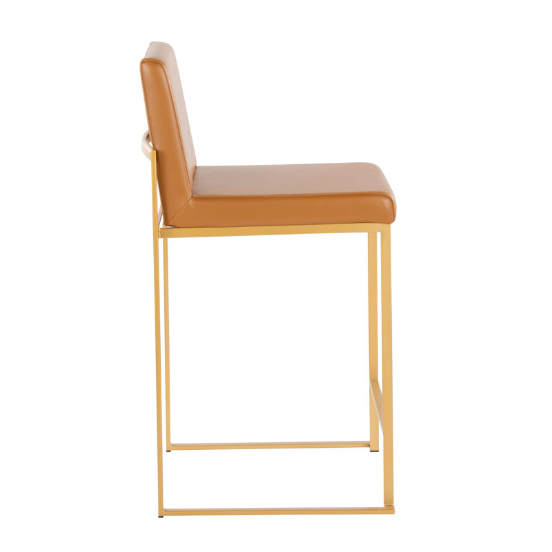 Tabouret de bar 26 po contemporain à haut dossier en métal doré et similicuir brun clair - ensemble de 2