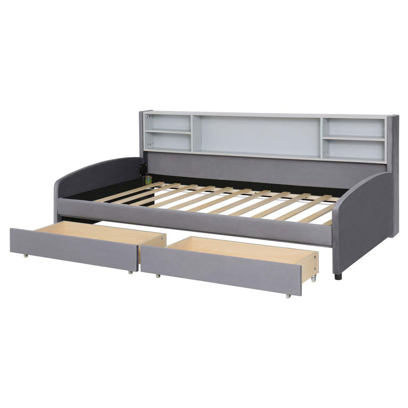Lit plateforme simple tapissier avec rangement et tiroirs, Gris