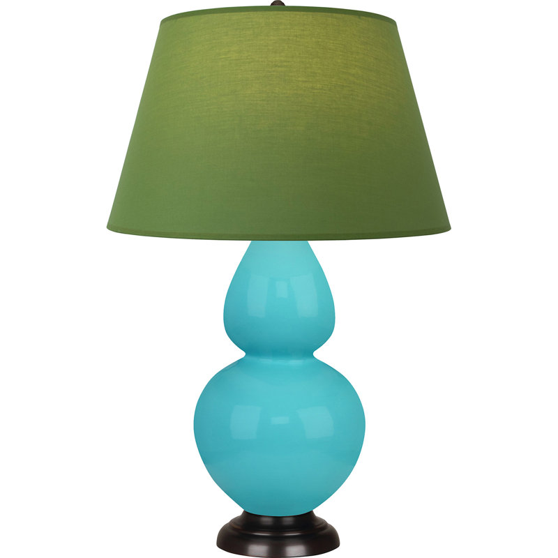 Lampe de table double gourde en céramique, Bleu œuf émaillé / bronze, Thé vert / taupe, Bronze
