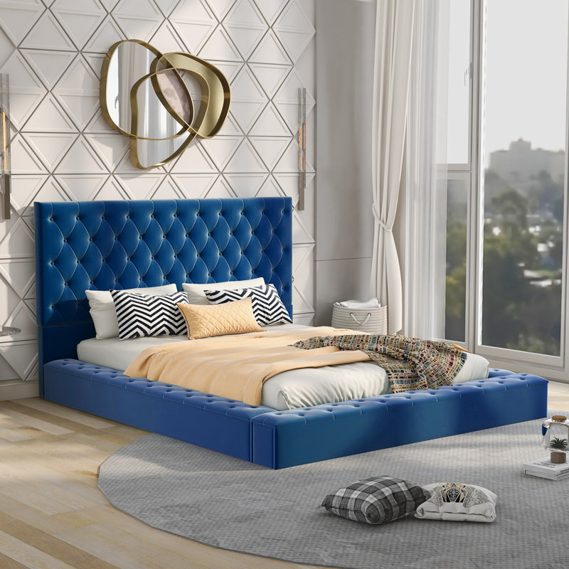 Lit plateforme avec rangement à profil bas Upholstery, Bleu, Grand