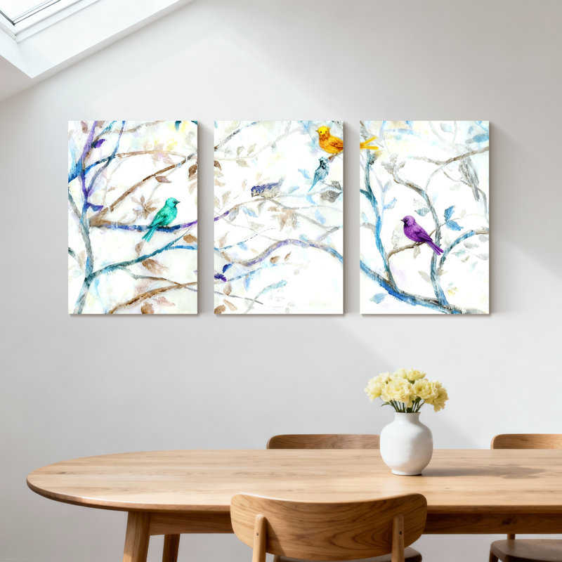 «Birds Colorful Birds On Branches», ensemble de 3 impressions sur toile, H 24 po x l 48 po