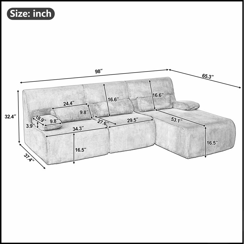 Canapé d'angle moderne de 250 cm (98 pouces) en forme de L, avec un design modulaire personnalisable pour un confort optimal et une optimisation de l'espace.