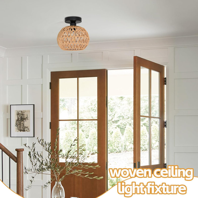 8.7 Inch Mini Rattan Light Fixtures Ceiling Boho Light Fixtures Wicker Ceiling Light Hand Woven Ceiling Light Fixtures Flush Mount Ceiling Light With Woven Shade For Hallway Bedroom
