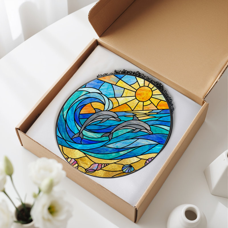 Panneau de vitrail 12 "H Dolphin Waves, H 12 po x l 12 po