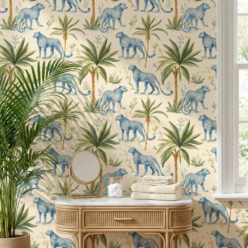 Décoration murale léopards papier peint bleu tropical, Non tissé, non collé