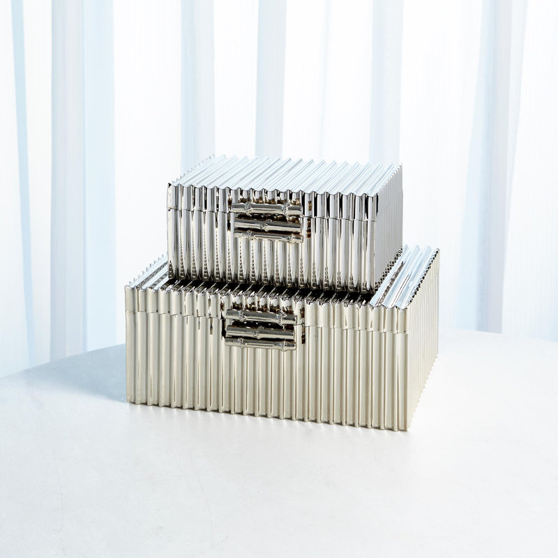 Kai Corrugated Bamboo Handmade Rectangle Decorative Box, 4" H x 9" W x 6" D, Nickel