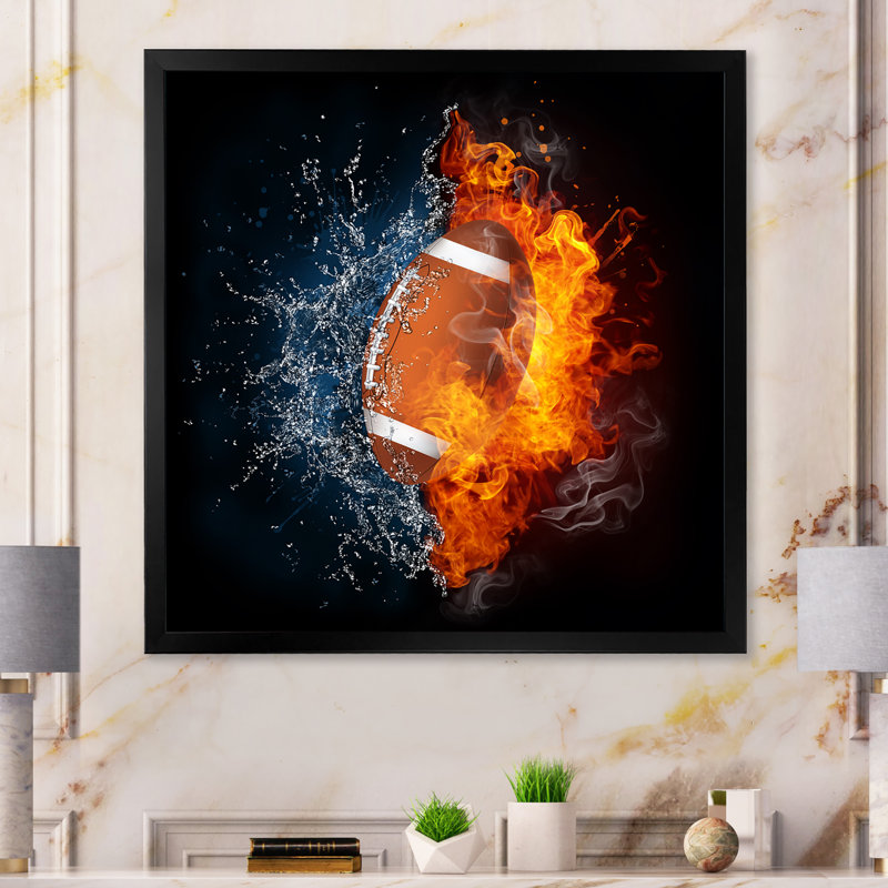 Fire Fire Football Ball - Peinture, Cadre photo noir, H 16 po x l 16 po x P 1 po