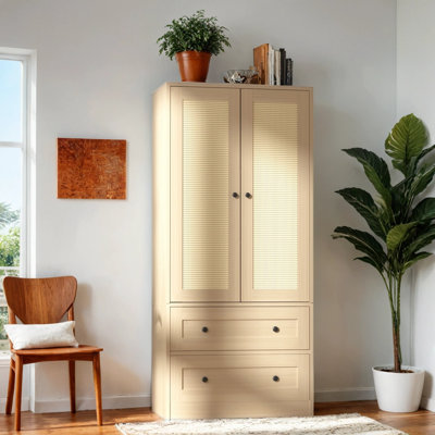 Armoire de cuisine de 64,2 po de hauteur en rotin, armoire de rangement avec portes et tiroirs, armoire de rangement autoportante en bois pour la cuisine, la salle à manger