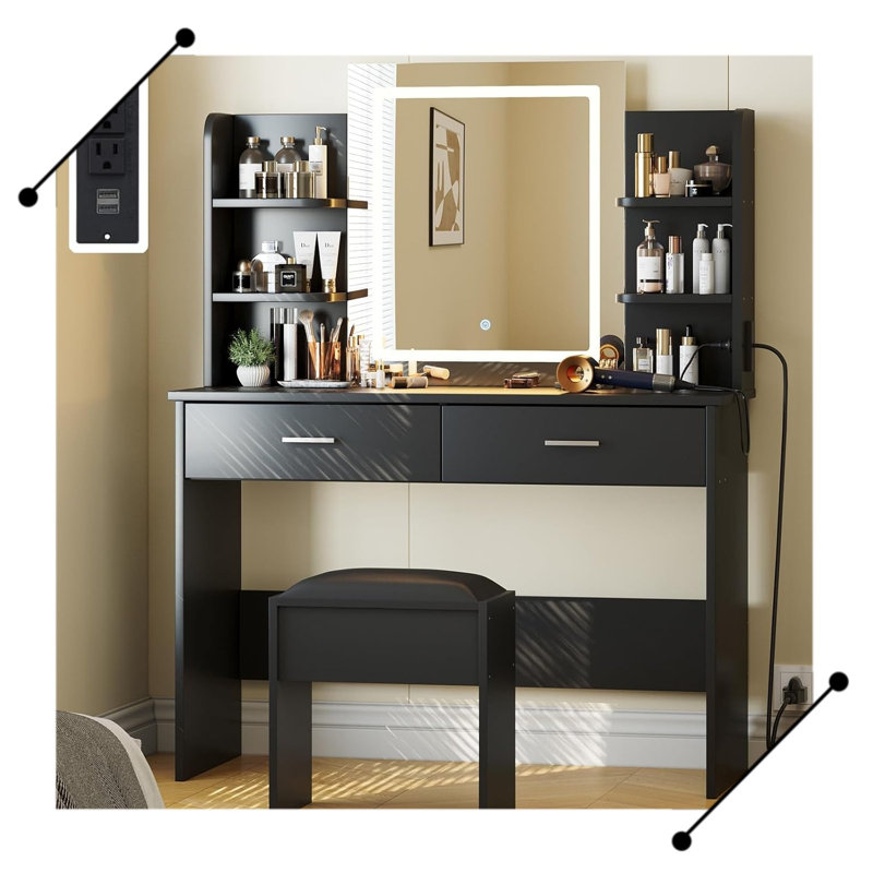 Ensemble de coiffeuse avec miroir lumineux, ensemble de coiffeuse avec prise de courant, Blanc