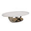 Table basse en marbre avec base sculpturale en acier inoxydable seulement la table, sans chaises.-1317373274