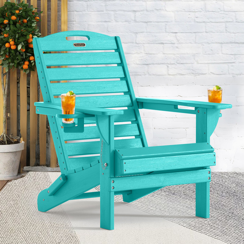 Outdoor Fire Pit Chairs Weather-Resistant HDPE Foldable Outdoor Adirondack Chair With Cup Holder, Lake Blue
