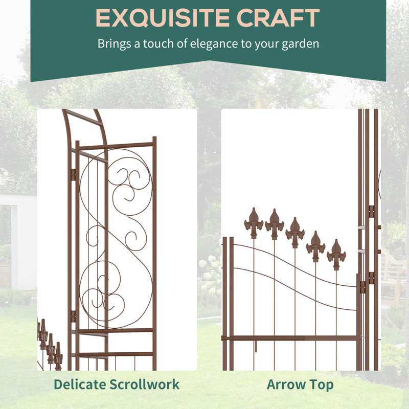 Brown Metal Garden Arbor with Fleur De Lis Motif and Gate