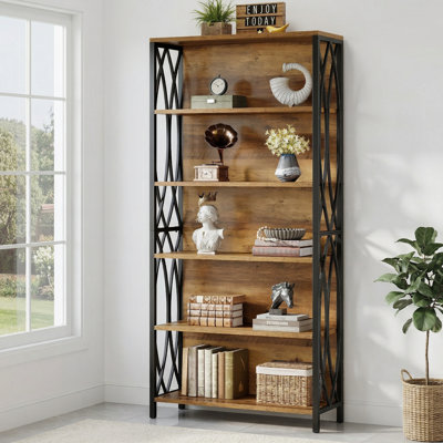 70.87" Industrial Tall Bookcase, 5-Tier Freestanding Bookshelf with Geometric Metal Frame & Open Display Shelves for Living Room, Bedroom & Home Office