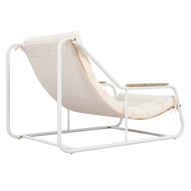 Ensemble de 3 chaises longues d'extérieur TREXM, chaise longue de patio avec table d'appoint en acacia, chaises longues de piscine pour pelouse, terrasse, plage, beige et blanc