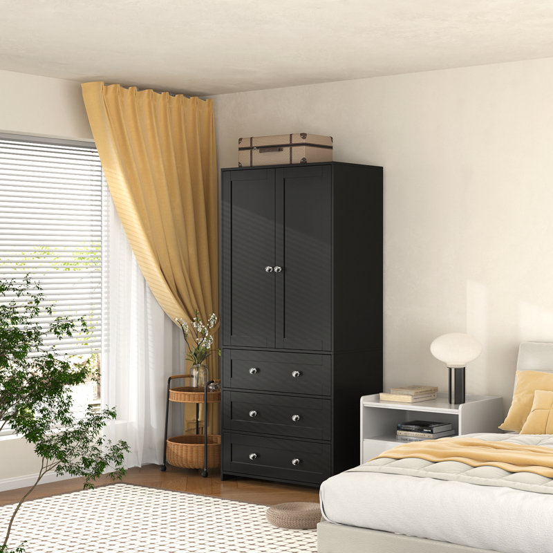 2-Door Sandrea With Mirror, Wardrobe Closet With 3 Drawers, Noir