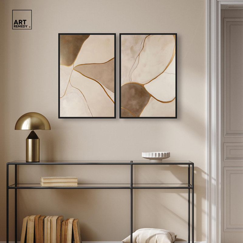 Décoration murale bohème Taupe Terrain Harmony Duo par Art Remedy, cadre noir, 16 x 24, H 25 po x l 17 po, Structure noire