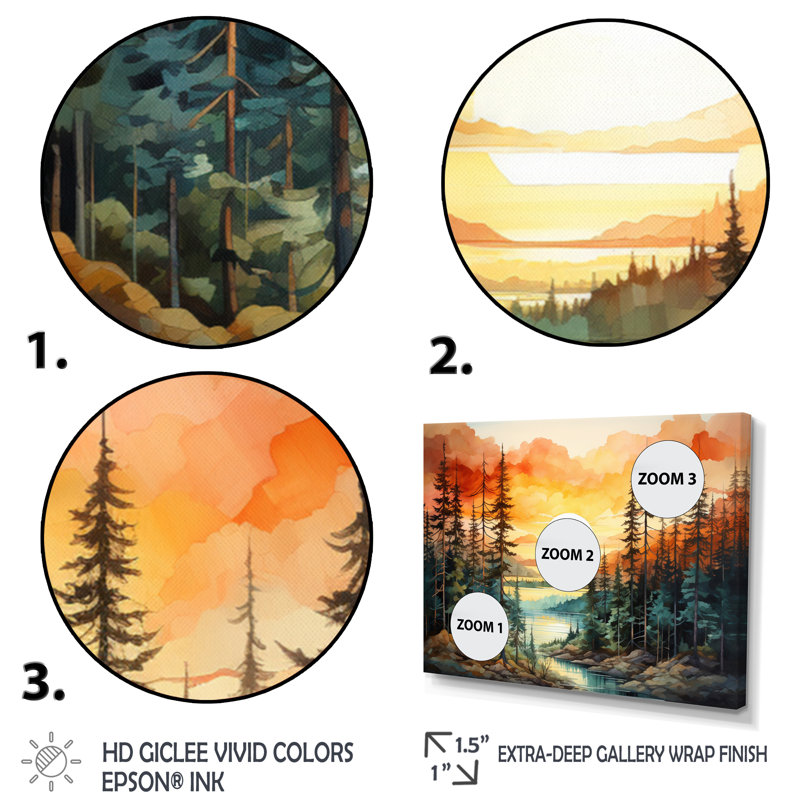 Pin, coucher de soleil brillant II - Pin, art mural, Cadre flottant noir, H 12 po x l 20 po x P 1 po