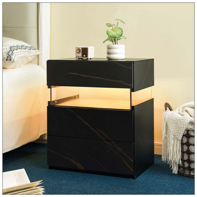 LED Nightstand 3 Drawer Acrylic Board Bedroom End Table, Black/Gold