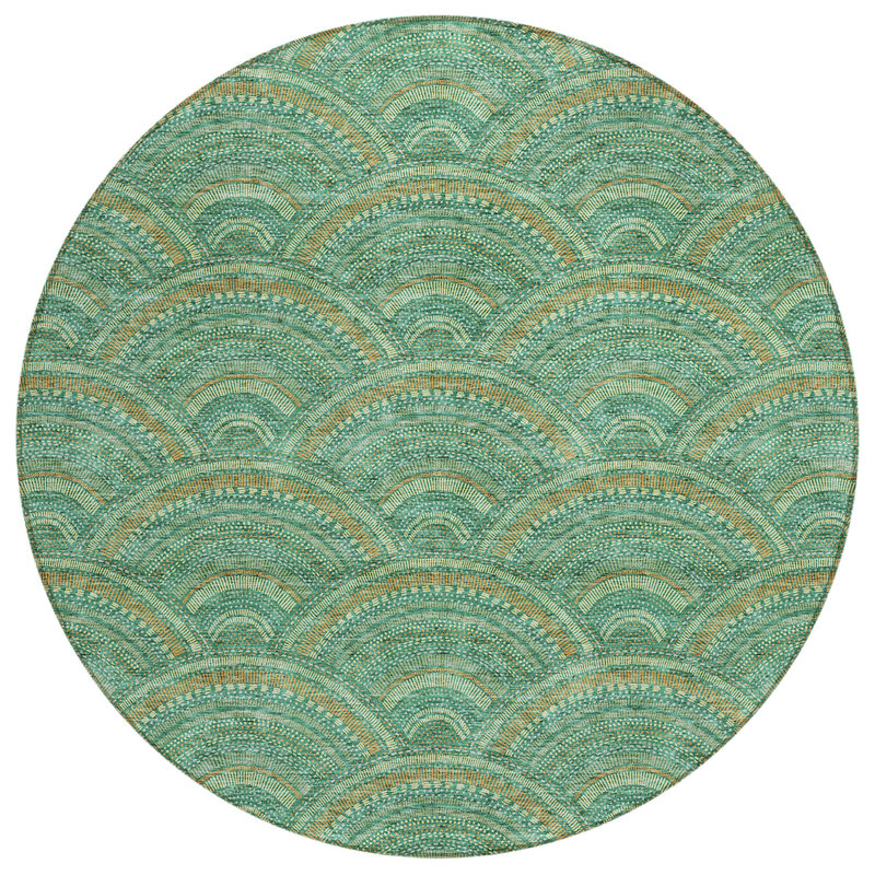 Tapis extérieur lavable rond vert géométrique et pêche 8 pi