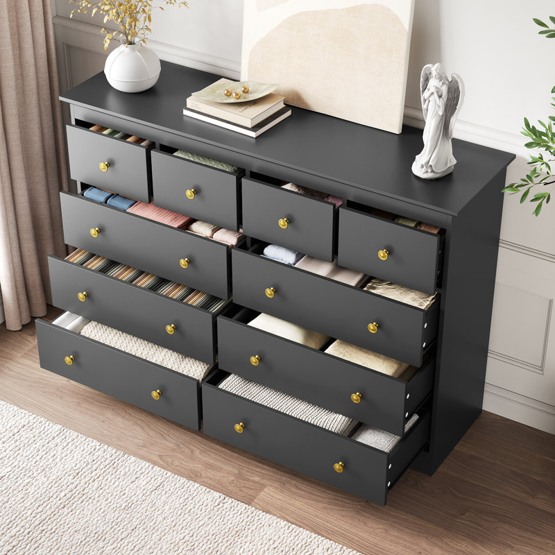 10 Drawers Dresser, 55" W Double Dresser For Bedroom, Black, 10