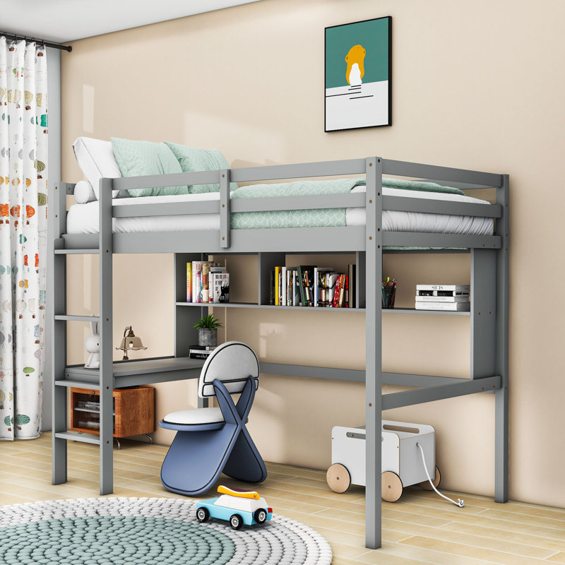 Lit mezzanine simple en bois avec bureau et tablettes, Gris