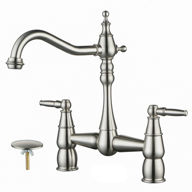 Bridge Centerset Kitchen Faucet for Sink, 2 Hole Brass Kitchen Sink Faucet, Brushed Nickel