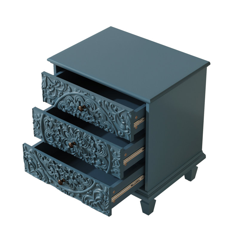 Buffet décoratif 3 tiroirs en bois sculpté, Bleu