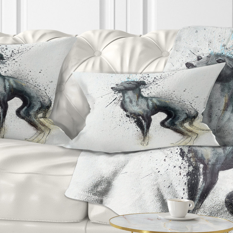 Coussin noir avec aquarelle et éclaboussures de chien noir, Rectangle, 12 po x 20 po