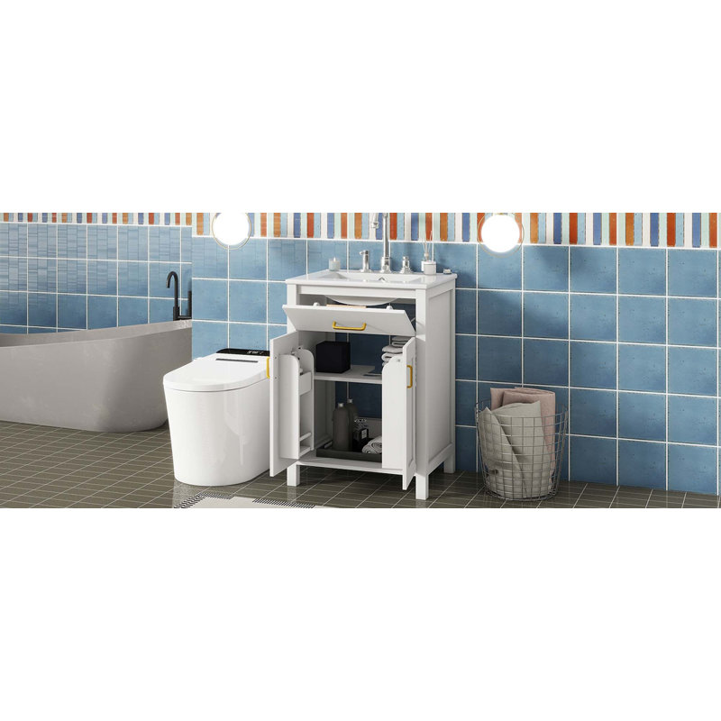 Meuble-lavabo de salle de bain avec lavabo en céramique, 2 portes à fermeture douce et 1 tiroir