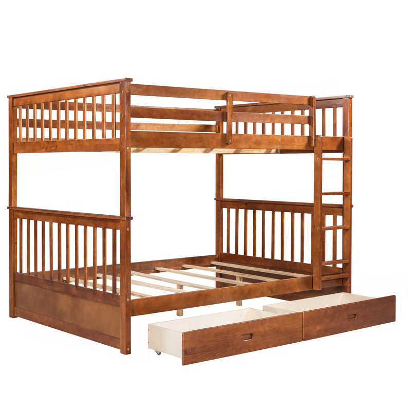 Full-Over-Full Bunk Bed With Ladders And Two Storage Drawers (Walnut), Walnut