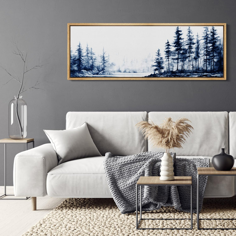 Woodland Forest Landscape " Misty Navy Blue Pine Woodland Lake Nature Landscape Rustic Retro Art Decor Extra Large Pictures "